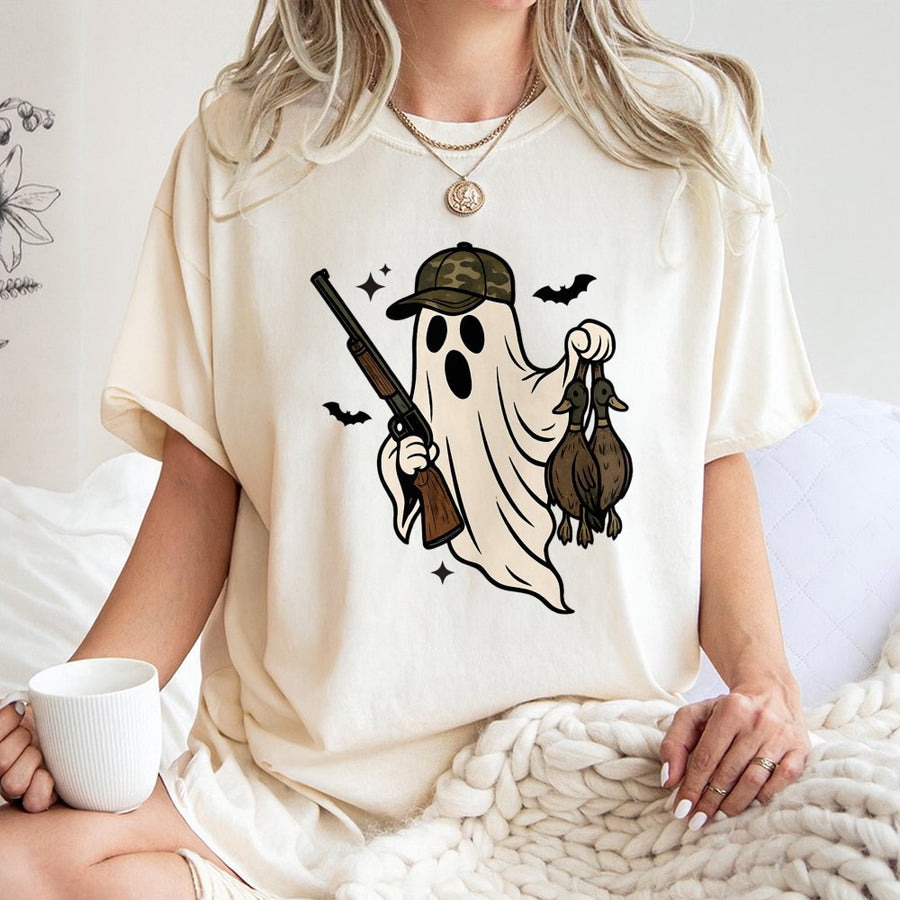 Ghost Duck Hunting T-Shirt | Funny Spooky Camo Hunter Graphic | Premium Cotton Unisex Tee | Halloween Gift for Hunters and Outdoorsmen