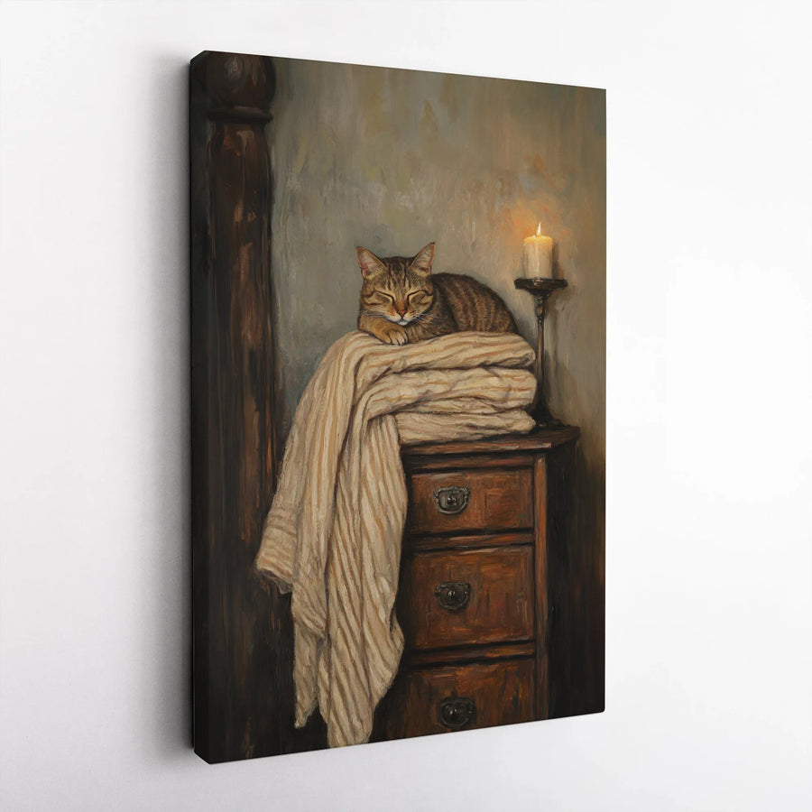Sleeping Cat Oil Painting Canvas | Cozy Tabby Kitten Art | Premium Gallery Wrap Wall Decor | Farmhouse Bedroom Gift For Cat Lovers