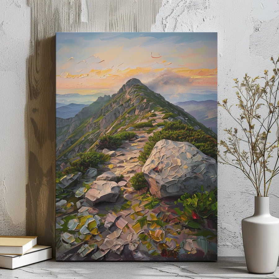 Mountain Trail Canvas Wall Art | Impasto Sunrise Landscape Painting | Premium Gallery-Wrapped Print | Gift for Nature Lovers & Hikers