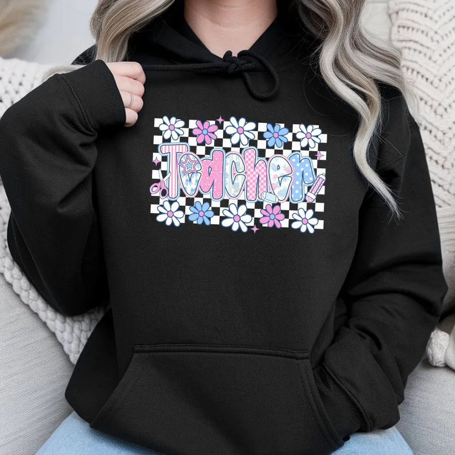 Coquette Teacher Hoodie | Cute Pastel Floral Graphic | Soft Cotton Blend | Preppy Back to School Gift for Teachers