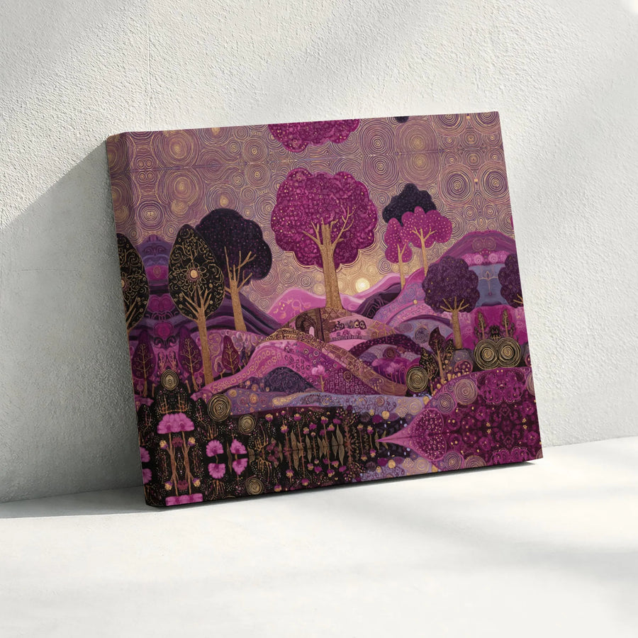 Purple Forest Landscape Canvas Print | Klimt-Inspired Psychedelic Tree Art | Premium Fade-Resistant Wall Decor | Modern Home & Office Gift