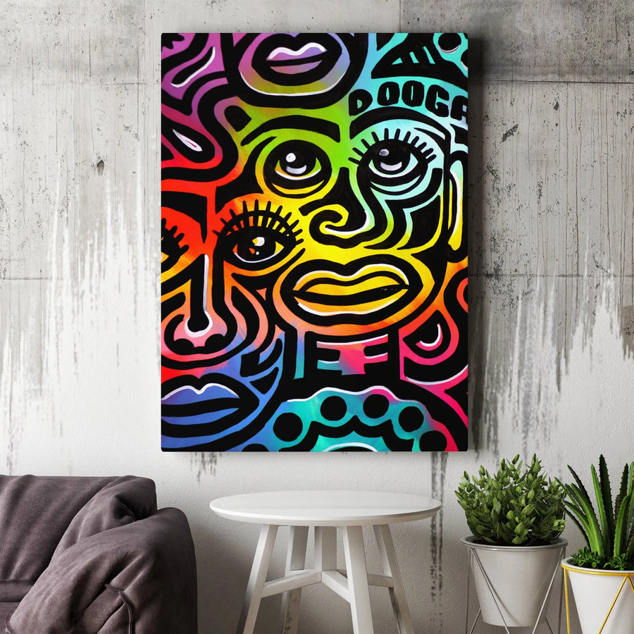 Psychedelic Face Art Vertical Canvas | Vibrant Rainbow Street Art Print | Premium Thick Gallery Wrap | Modern Urban Living Room Decor Gift