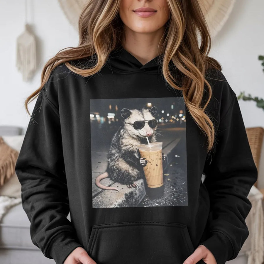 Funny Opossum Meme Hoodie | Possum Drinking Iced Coffee Graphic | Cozy Unisex Crewneck | Vintage 90s Streetwear Gift for Animal Lovers