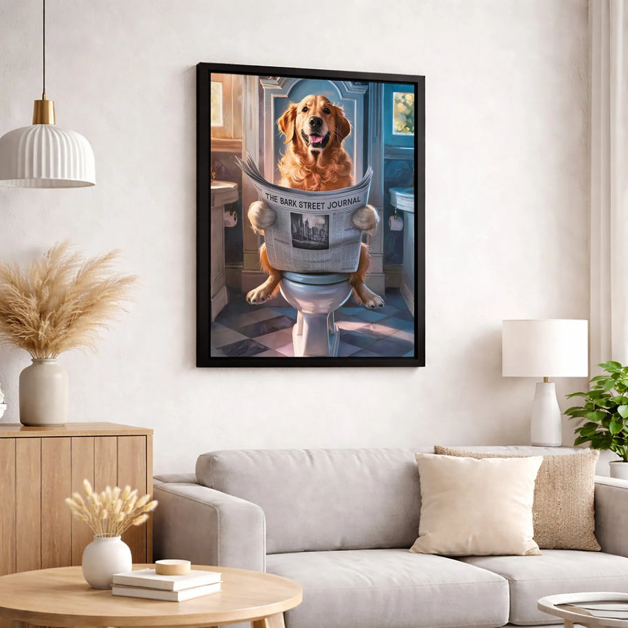 Golden Retriever Toilet Canvas Art | Funny Dog Reading Newspaper Bathroom Wall Decor | Premium 1.25-Inch Gallery Wrap | Unique Pet Lover Gift