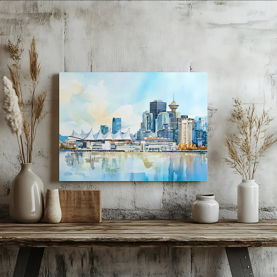 Vancouver Skyline Canvas Wall Art | Watercolor Cityscape Print | Gallery Quality Premium Decor | Travel Gift for Canada Lovers