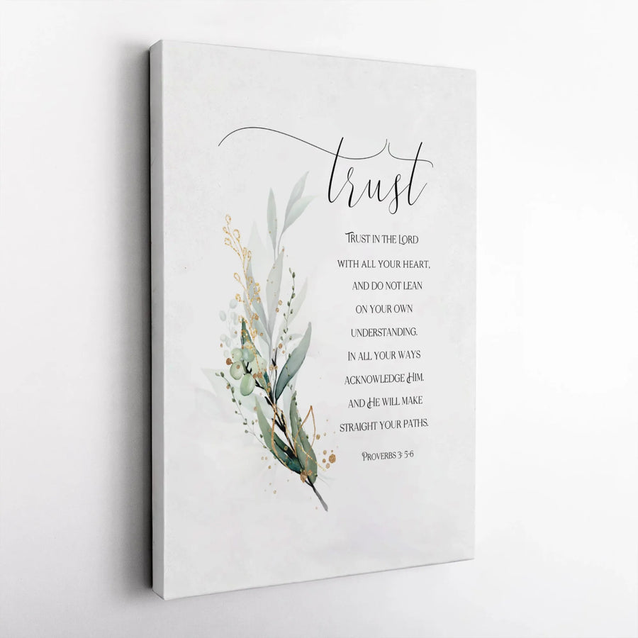 Proverbs 3:5-6 Trust In The Lord Canvas Art | Watercolor Greenery Botanical Design | 1.25" Premium Gallery Profile | Religious Home Decor Gift