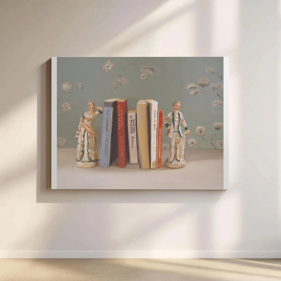 Vintage Bookshelf Canvas Art | Romantic Still Life with Figurines & Novels | Premium Gallery Wrapped Print | Gift for Book Lovers