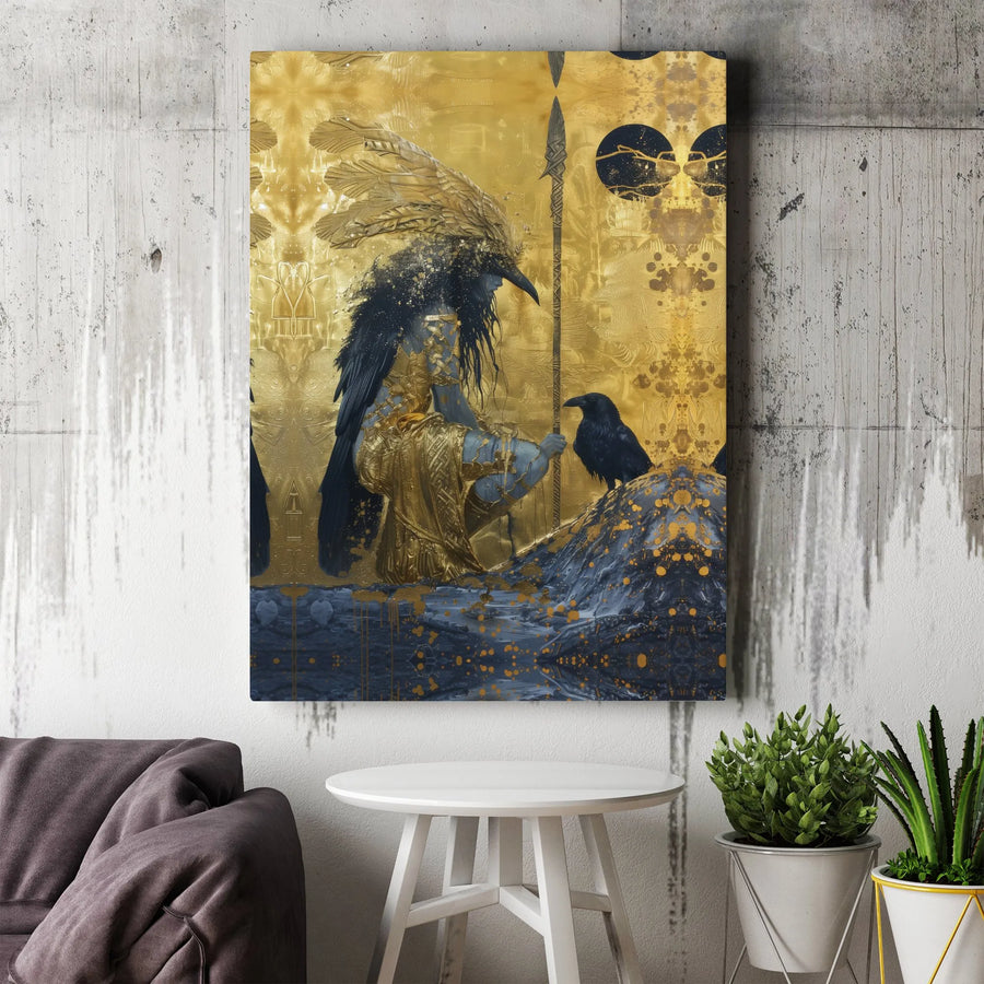 Raven God Canvas Wall Art | Abstract Gold and Black Fantasy Art | Premium Gallery Wrapped Print | Modern Home Decor Gift for Mythology Fans