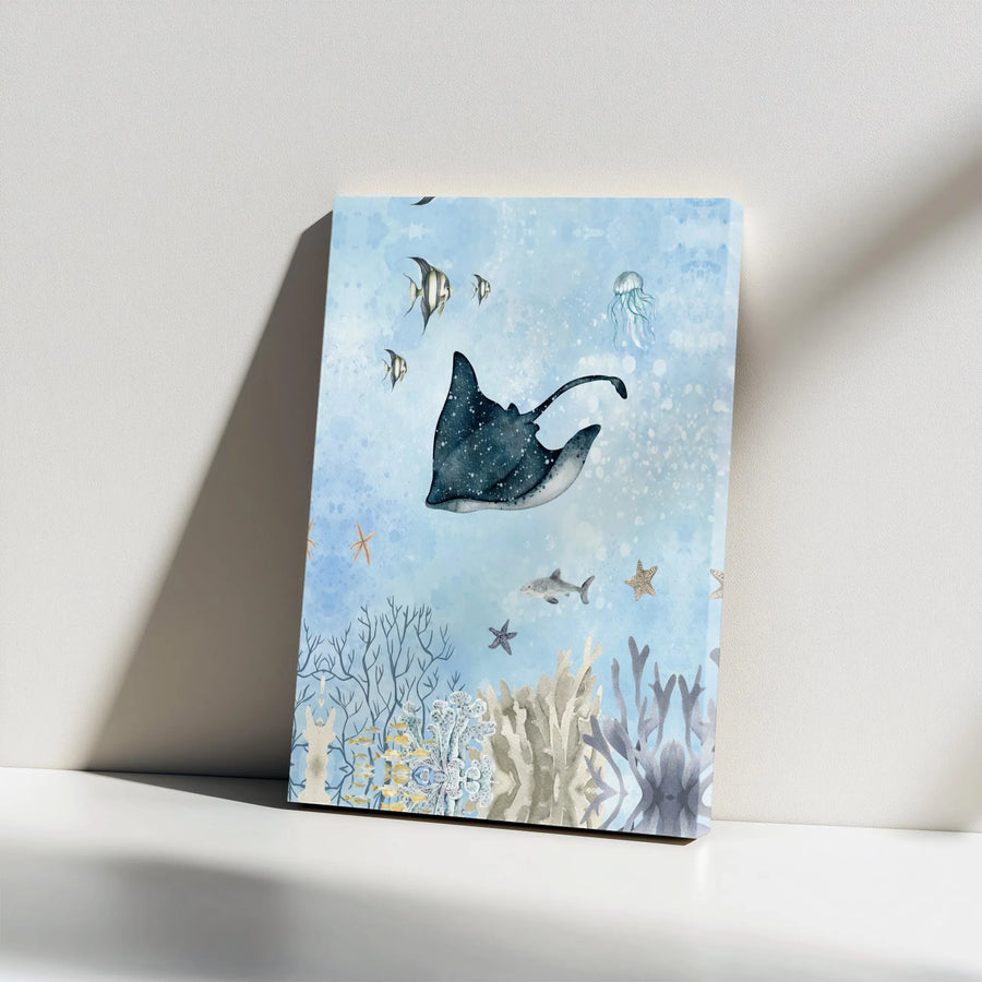 Watercolor Ocean Wall Art | Stingray And Coral Reef Print | Premium Gallery Wrapped Canvas | Coastal Home Decor For Beach Lovers