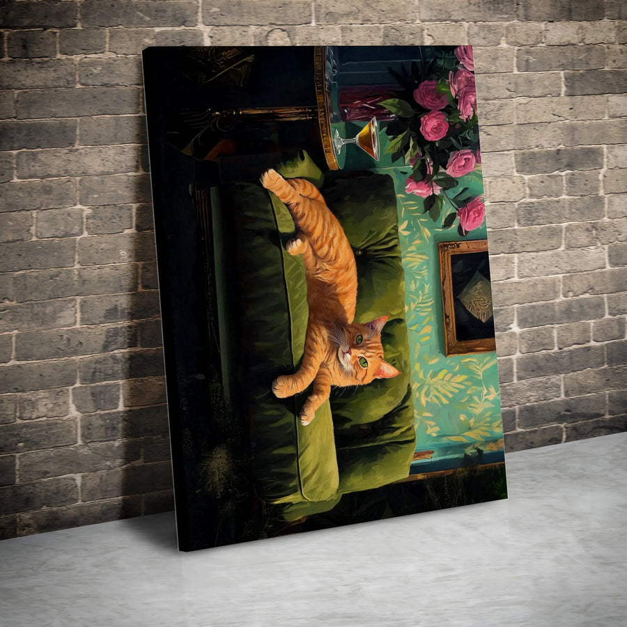 Orange Tabby Cat Canvas Wall Art | Whimsical Ginger Cat on Green Velvet Sofa | Premium Gallery Wrap Print | Aesthetic Living Room Home Decor Gift