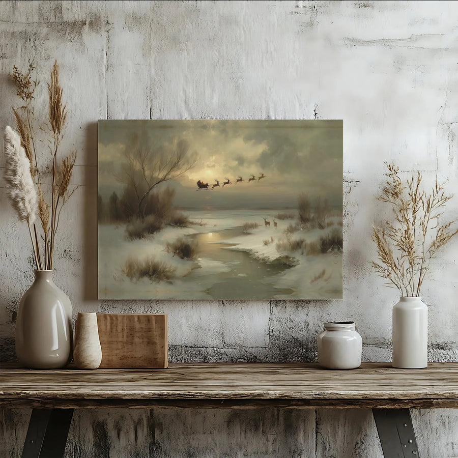 Vintage Santa Sleigh Canvas Wall Art | Snowy Winter Landscape Print | Gallery Wrapped Premium Canvas | Christmas Home Decor Gift for Holidays