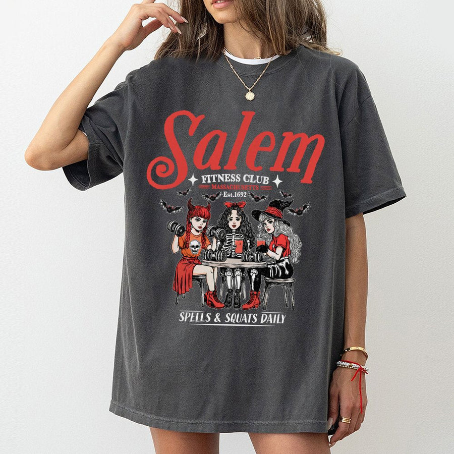 Salem Fitness Club T-Shirt | Spells & Squats Witch Graphic | Premium Cotton Gym Apparel | Funny Halloween Workout Gift For Women And Men