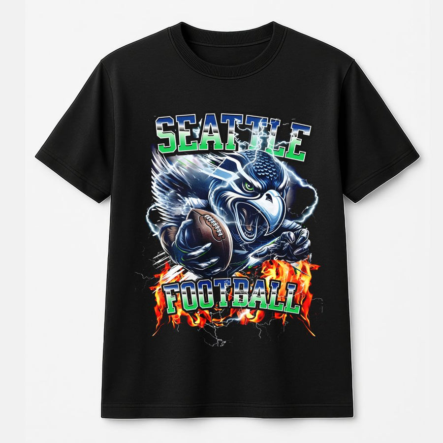 Seattle Football With Seahawks Mascot And Flames T-Shirt