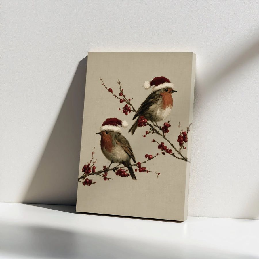 Christmas Robin Canvas Wall Art | Festive Birds in Santa Hats | Premium Gallery Wrapped Decor | Holiday Home & Winter Gift