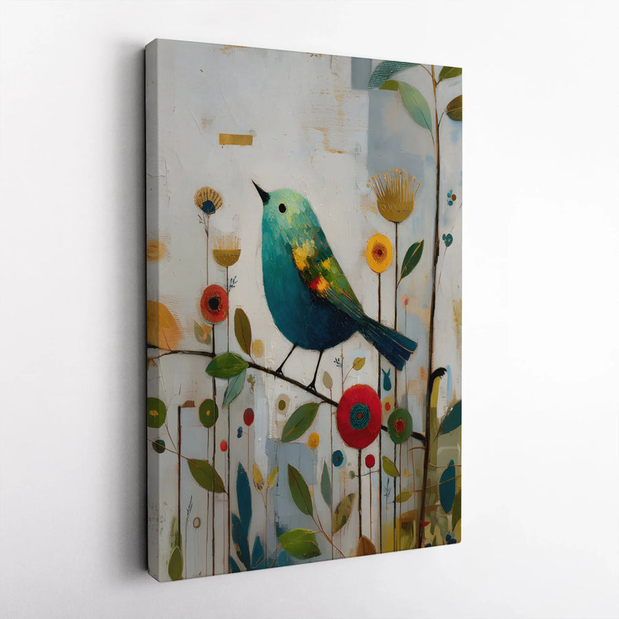 Abstract Bird Canvas Wall Art | Colorful Folk Art Floral Print | Premium Gallery-Wrapped Canvas | Modern Nature Decor Gift for Home Office