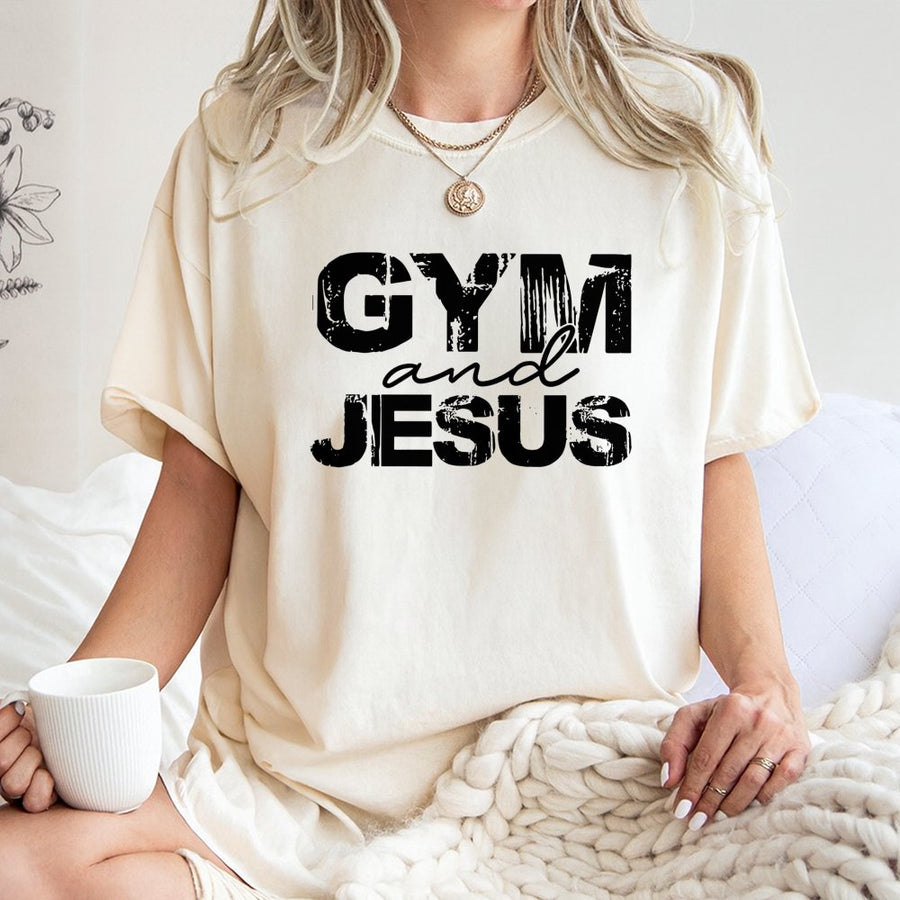 Gym and Jesus T-Shirt | Distressed Graphic Faith Workout Shirt | 100% Cotton Premium Tee | Christian Fitness Gift for Men and Women