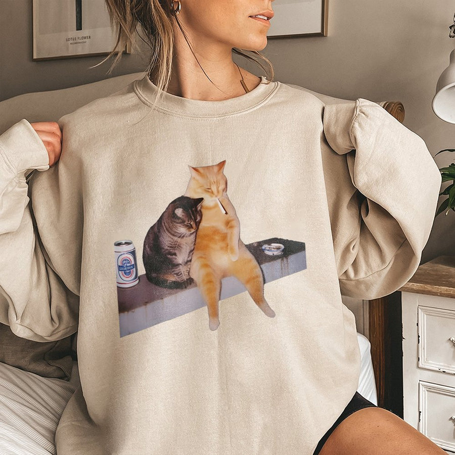 Smoking Cat Meme Sweatshirt | Funny Drinking Cats Graphic | Premium Cotton Blend Crewneck | Unisex Gift For Cat Lovers