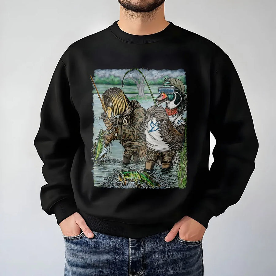 Fishing Duck Sweatshirt | Funny Bass Angler Cartoon Graphic | Premium Cotton Blend Crewneck | Unique Gift for Duck Hunters and Fishermen