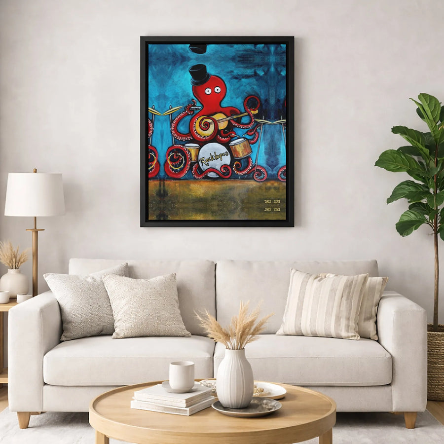 Rocktopus Wall Art | Octopus One Man Band Painting | Premium Gallery Wrap Canvas Print | Quirky Music Room Decor Gift for Musician