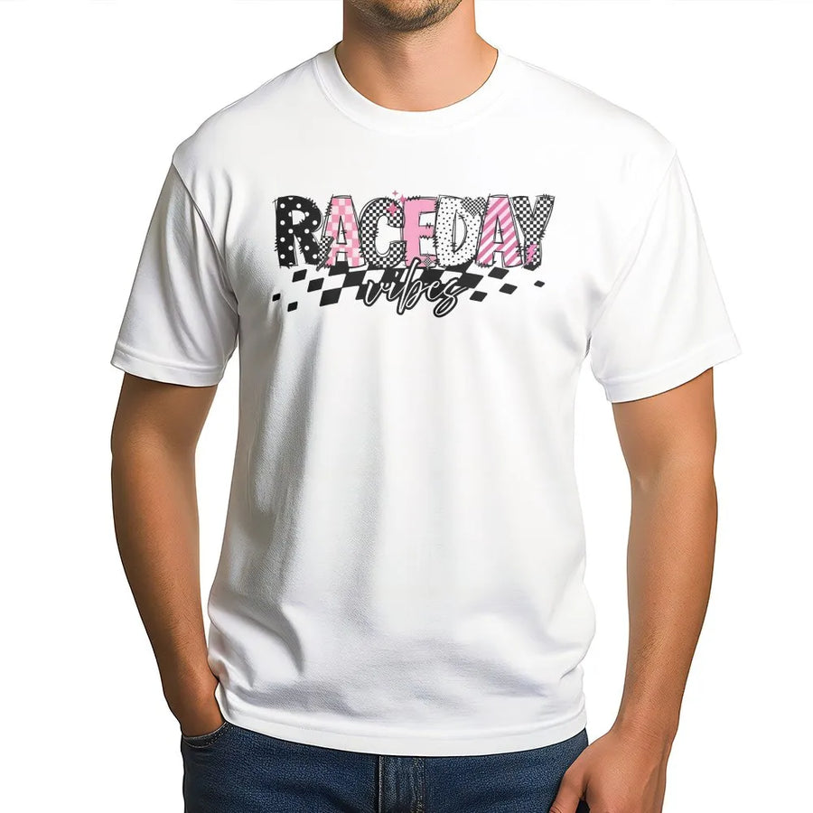 Race Day Vibes T-Shirt | Checkered Flag Motorsport Graphic | Soft Crewneck Pullover | Gift for Racing Girl and Race Mom