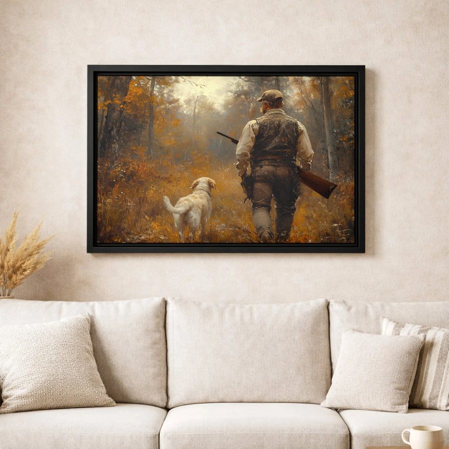 Hunter and Labrador Canvas Wall Art | Autumn Forest Hunting Scene | Premium Gallery-Wrapped Print | Cabin Decor Gift for Sportsmen