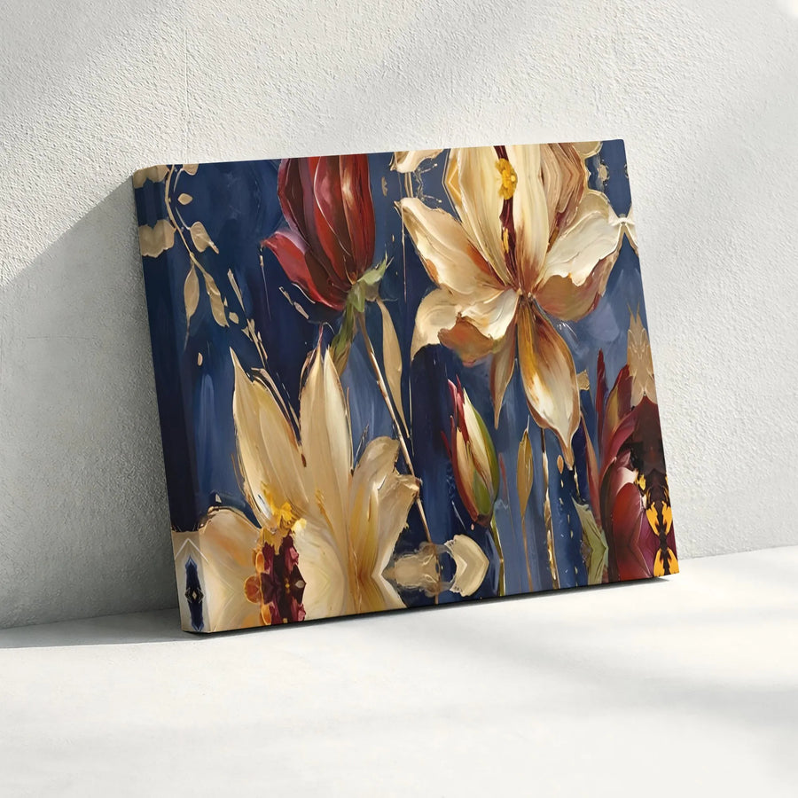 Abstract Floral Canvas Wall Art | Navy Blue and Cream Oil Painting Style | Premium Gallery Wrap | Modern Home Decor Gift