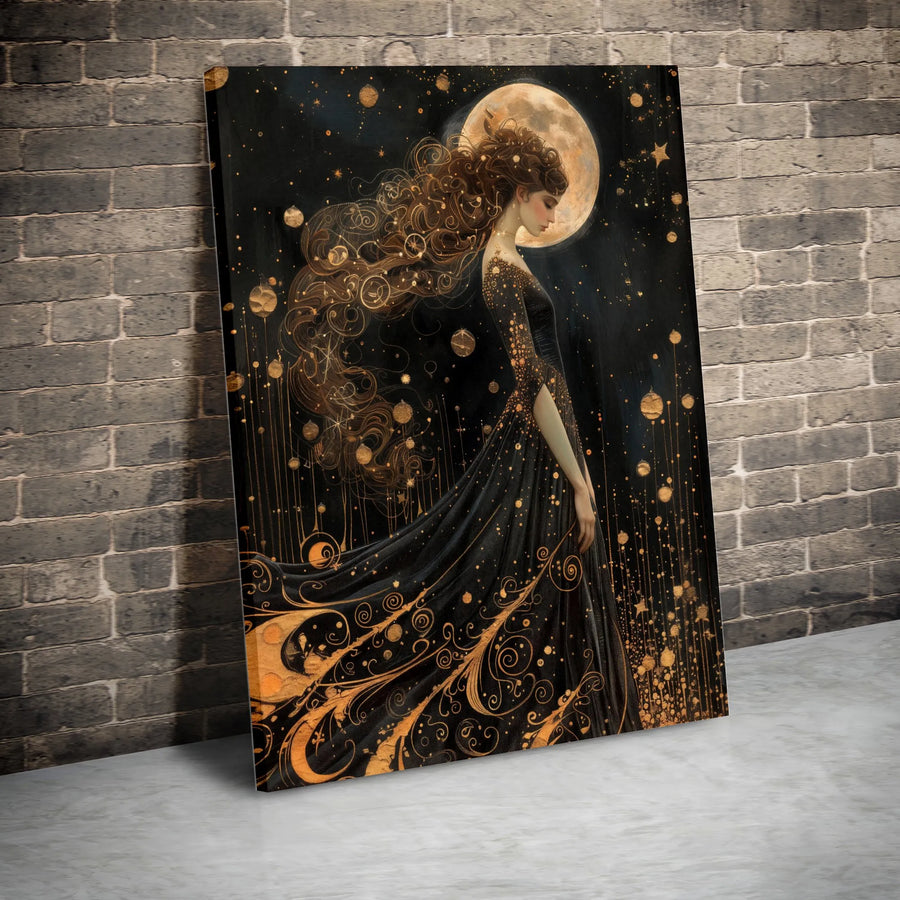 Celestial Moon Goddess Wall Art | Ethereal Gold and Black Witchy Decor | Premium Gallery Canvas | Mystical Fantasy Home Gift