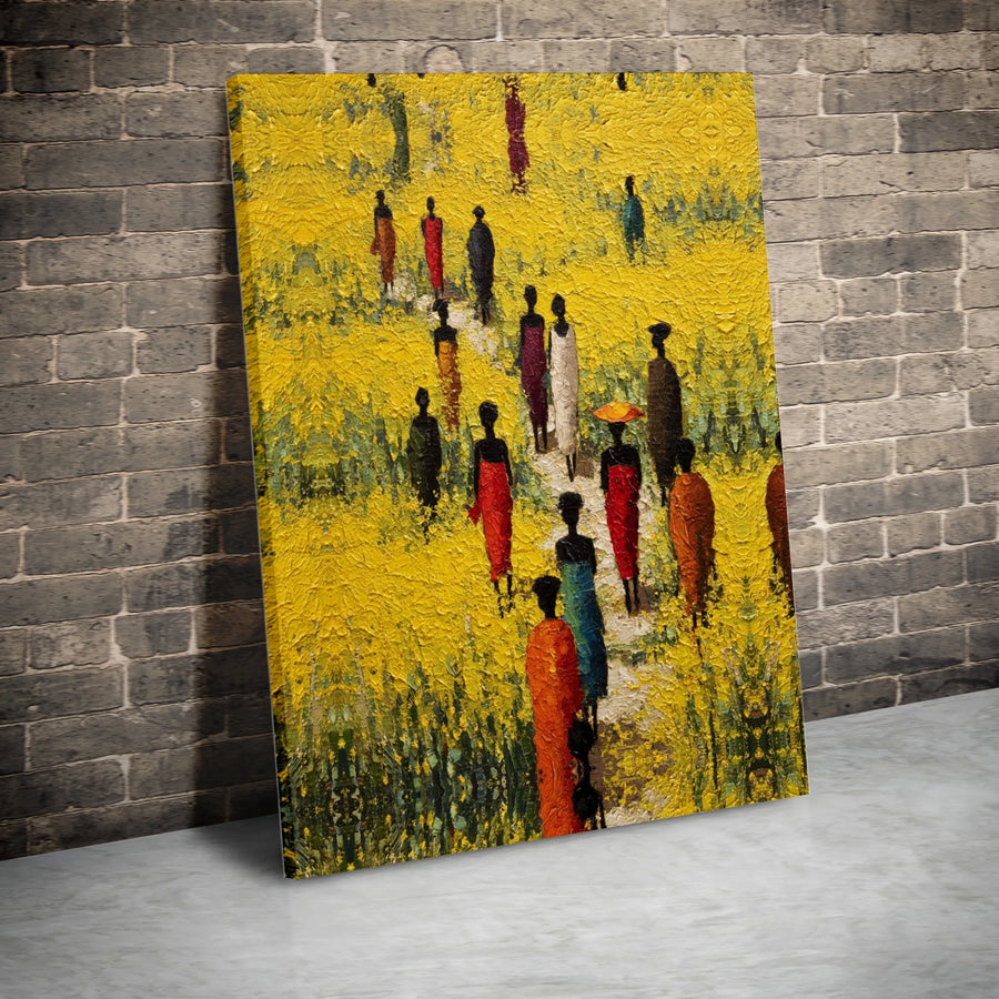 African Art Canvas Wall Art | Abstract Village People in Yellow Field | Gallery Quality Print | Afrocentric Home Decor Gift