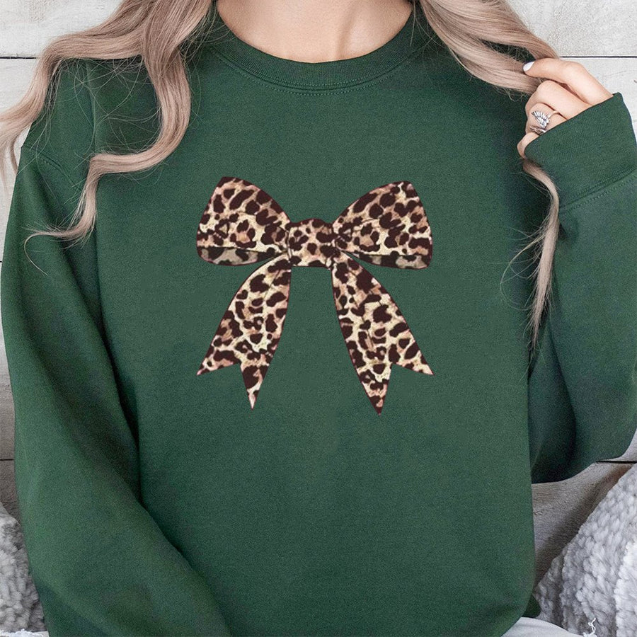 Leopard Bow Sweatshirt | Trendy Coquette Aesthetic Graphic Print | Premium Cotton Blend Crewneck | Cute Soft Girl Gift for Women