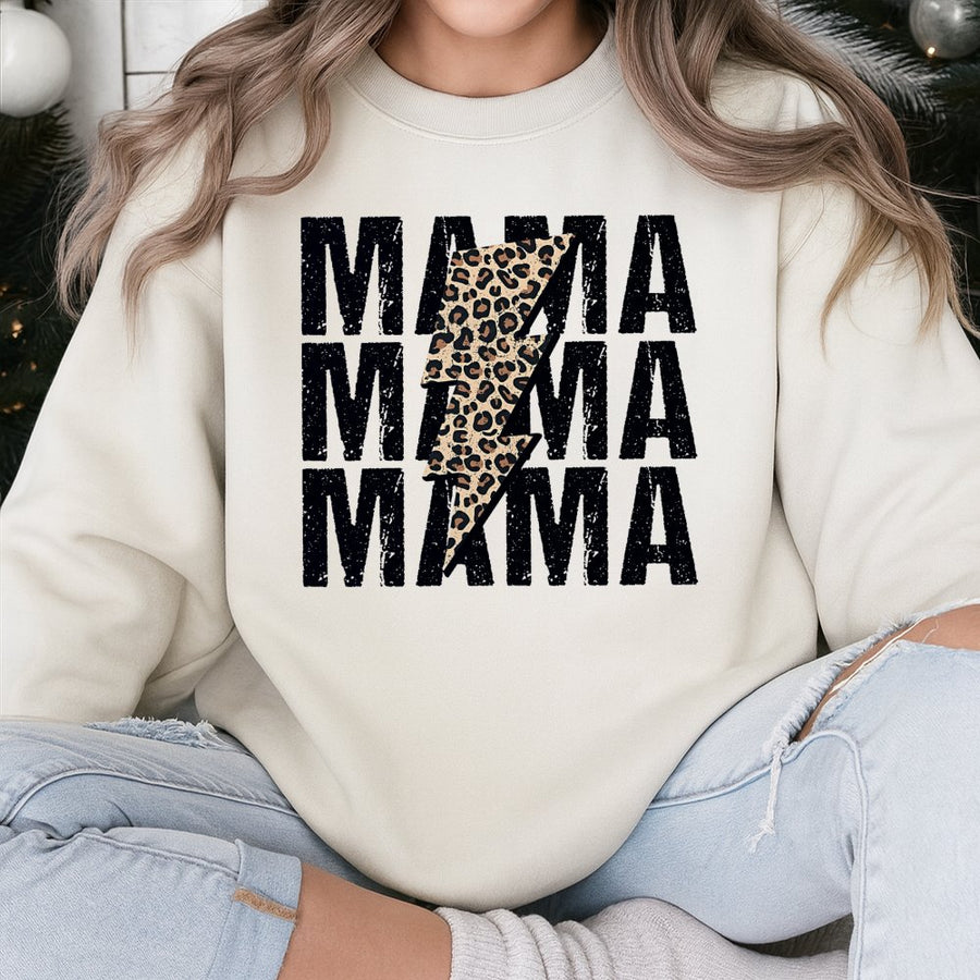 Mama Leopard Lightning Bolt Sweatshirt | Distressed Graphic Print | Cotton Blend Premium Crewneck | Trendy Mom Gift For Mother's Day 2026