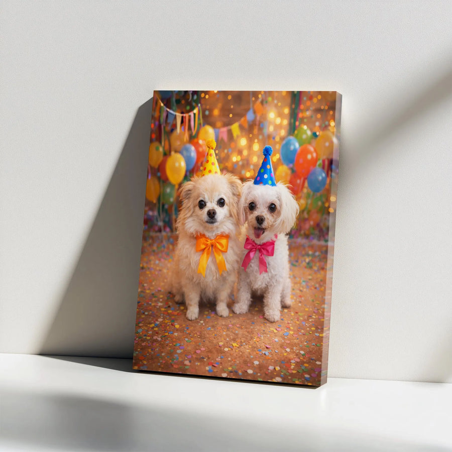 Cute Dog Birthday Party Canvas | Two Fluffy Puppies in Party Hats | Premium Gallery Wrapped Canvas | Gift for Dog Lover & Kids Room Decor