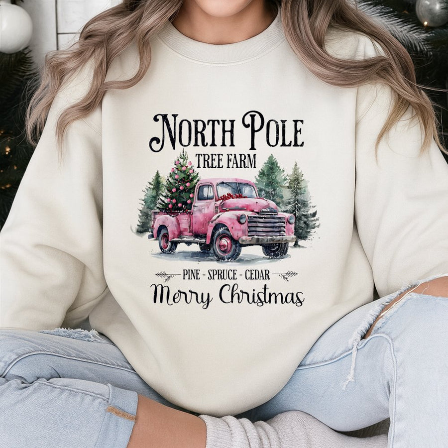 North Pole Tree Farm Sweatshirt | Pink Truck Christmas Graphic | Premium Cotton Blend | Coquette Holiday Gift For Her
