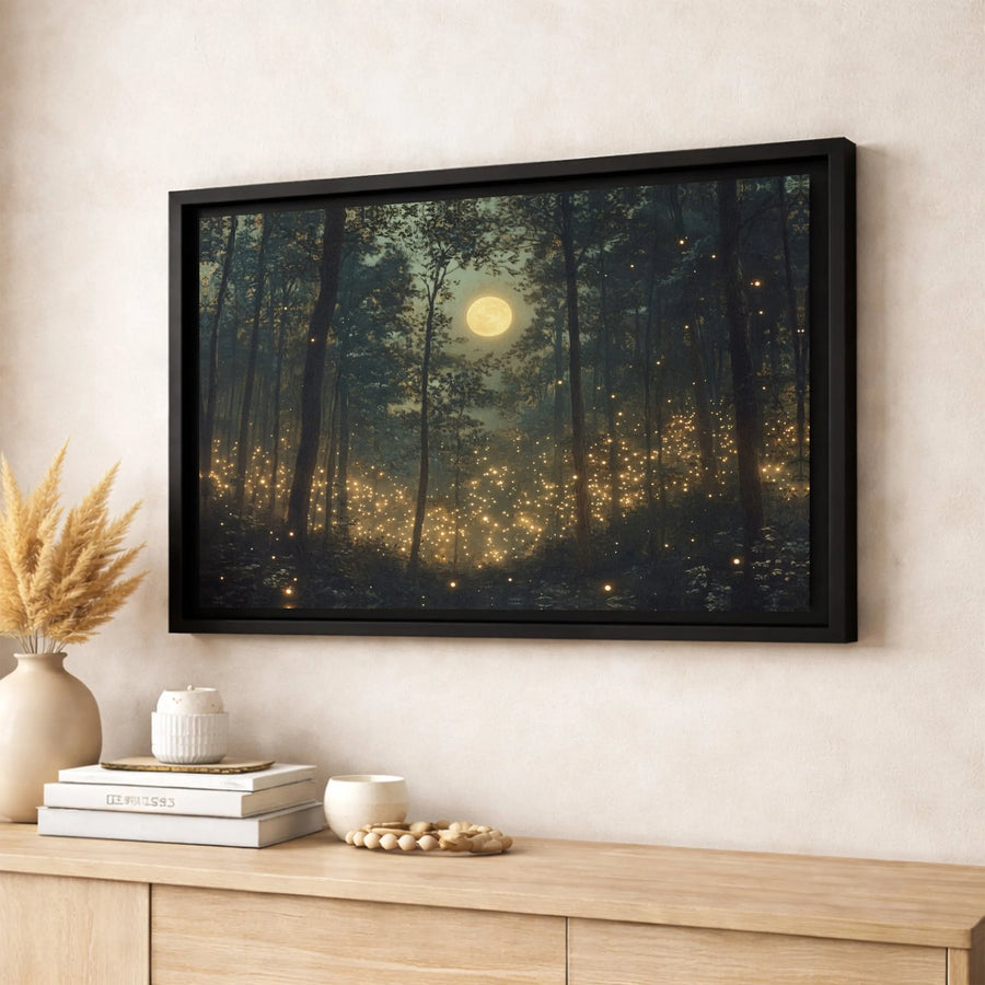 Enchanted Forest Canvas Wall Art | Glowing Firefly Full Moon Landscape | Premium Fade-Resistant Print | Moody Nature Decor for Home or Office