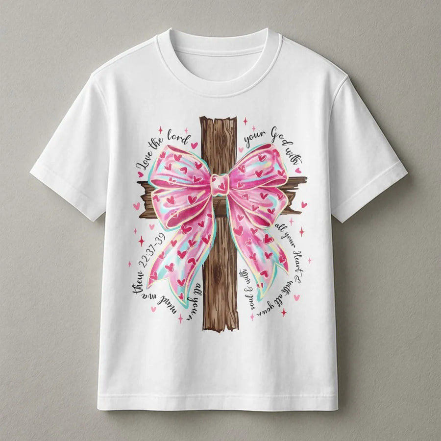 Christian Faith T-Shirt | Pink Coquette Bow On Wooden Cross | Premium Soft Cotton Bible Verse Tee | Gift For Women & Girls