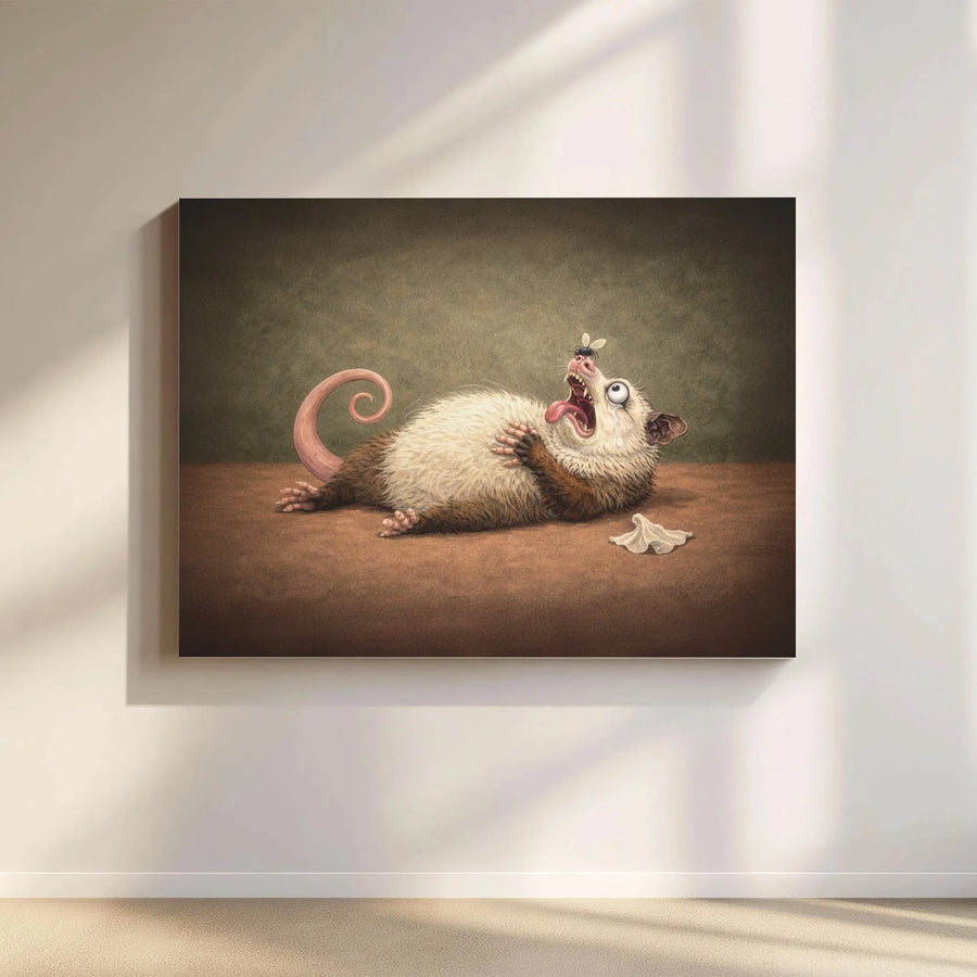 Funny Opossum Wall Art Canvas Print | Humorous Playing Dead Possum Painting | Premium Gallery Wrap | Unique Quirky Home Decor Gift for Animal Lover