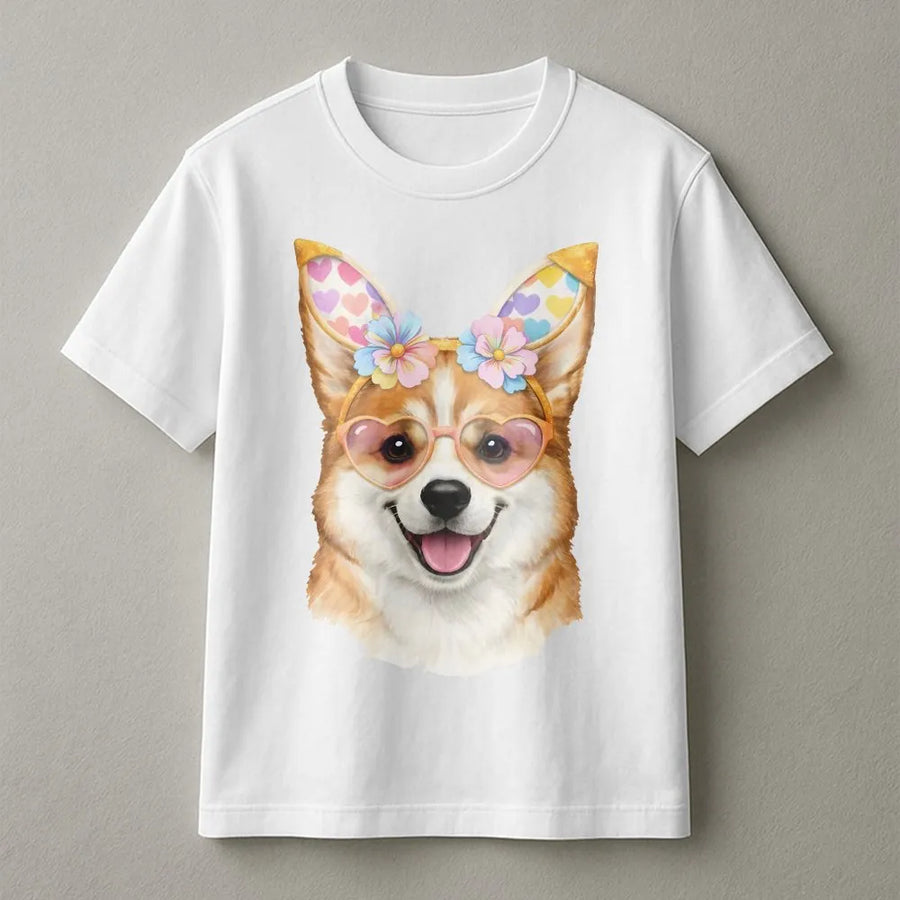 Cute Corgi Easter T-Shirt | Dog with Bunny Ears & Heart Glasses | Soft Cotton Graphic Tee | Gift for Corgi Mom & Dog Lovers