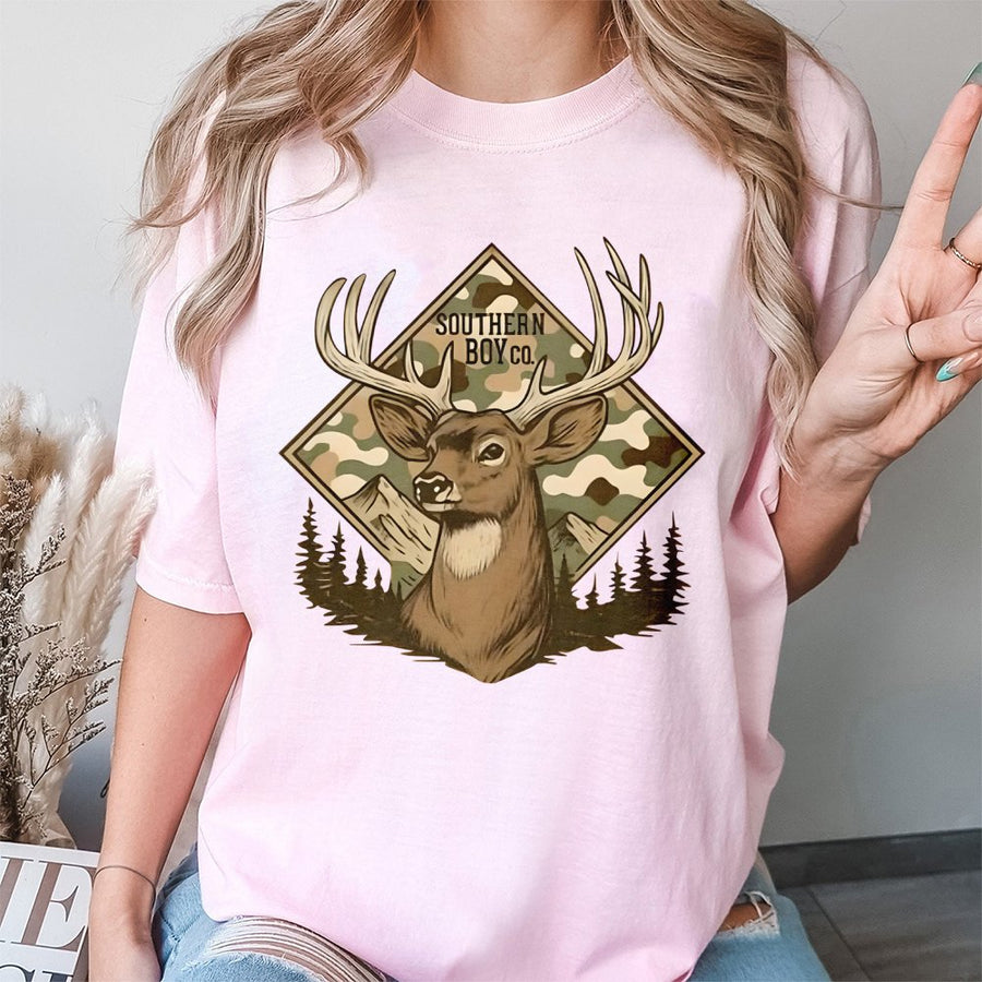 Buck Deer T-Shirt | Camo Mountain Graphic Print | 100% Premium Cotton Tee | Hunting Gift for Men and Outdoorsmen