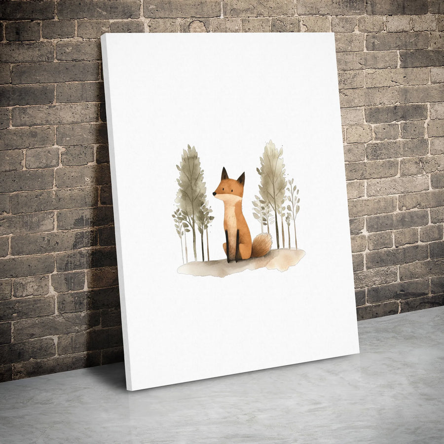 Watercolor Woodland Fox Canvas Art | Minimalist Forest Animal Nursery Decor | Premium Gallery Wrap | Cute Wildlife Wall Print for Kids Room
