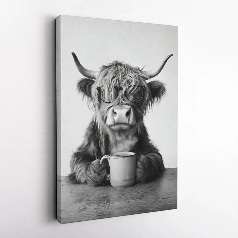 Highland Cow Wall Art | Black and White Coffee Lover Print | Gallery Quality 1.25" Thick Canvas | Farmhouse Decor for Coffee Station