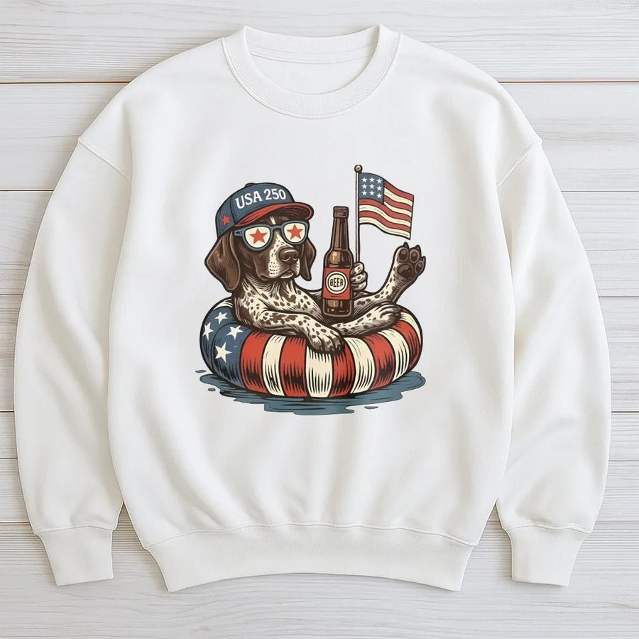 Patriotic Dog Sweatshirt | Funny USA 250 Puppy Graphic with Beer & Flag | Soft Cotton Tee | 4th of July Gift for Dog Lover