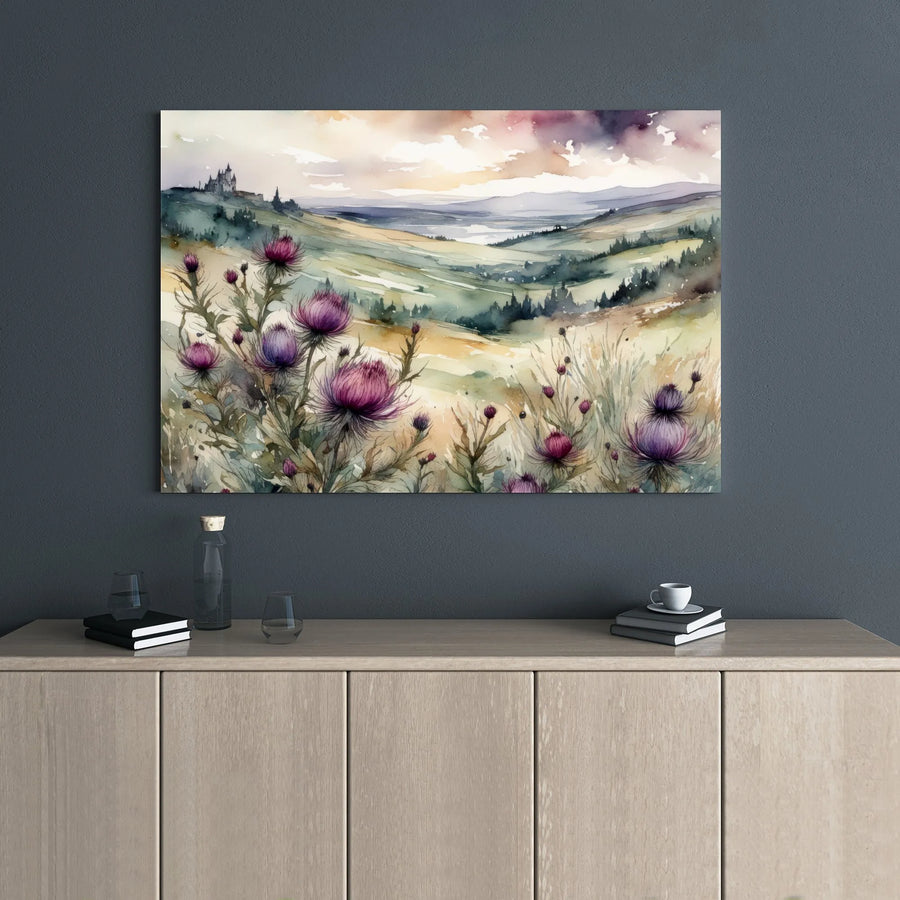 Scottish Highlands Landscape Canvas | Watercolor Thistle & Castle Art | Premium Gallery Wrapped Print | Nature Home Decor Gift