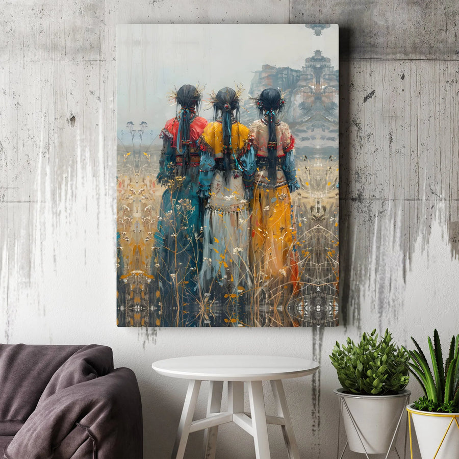 Bohemian Three Sisters Canvas Print | Abstract Folk Art Painting in Wildflower Field | Premium Gallery Wrapped Canvas | Boho Wall Decor for Living Room Gift