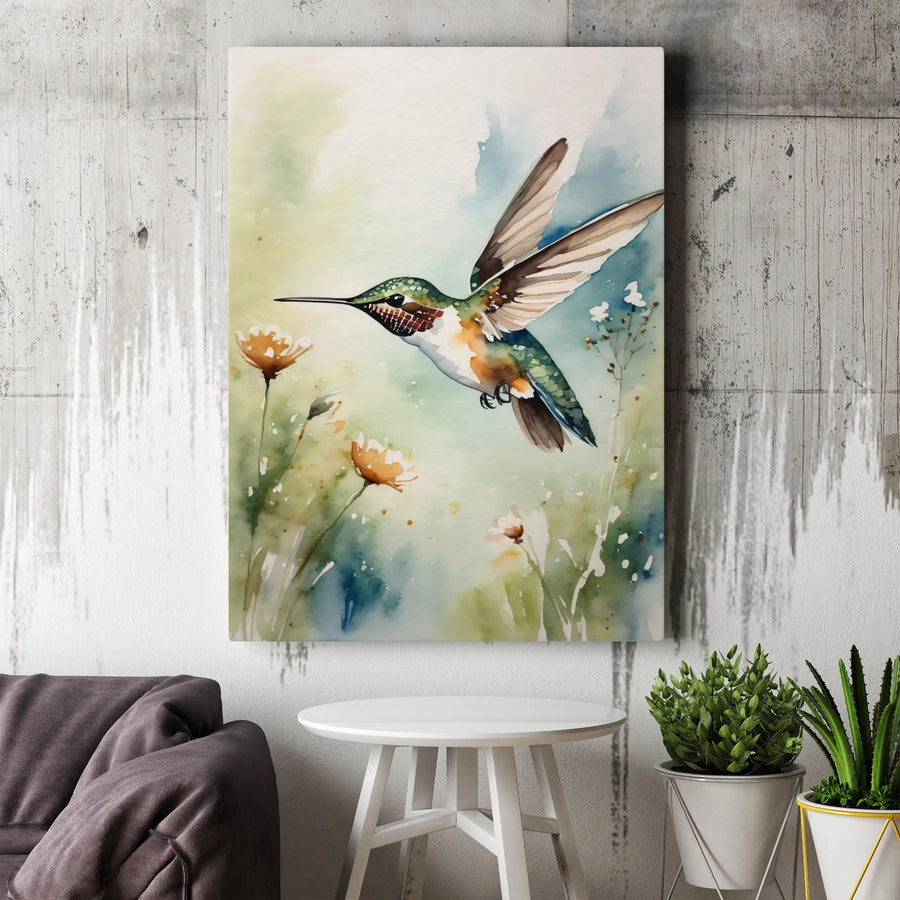 Watercolor Hummingbird Canvas Wall Art | Delicate Botanical Bird Illustration | Premium Gallery Wrapped Canvas | Nature Lover Gift for Living Room Decor
