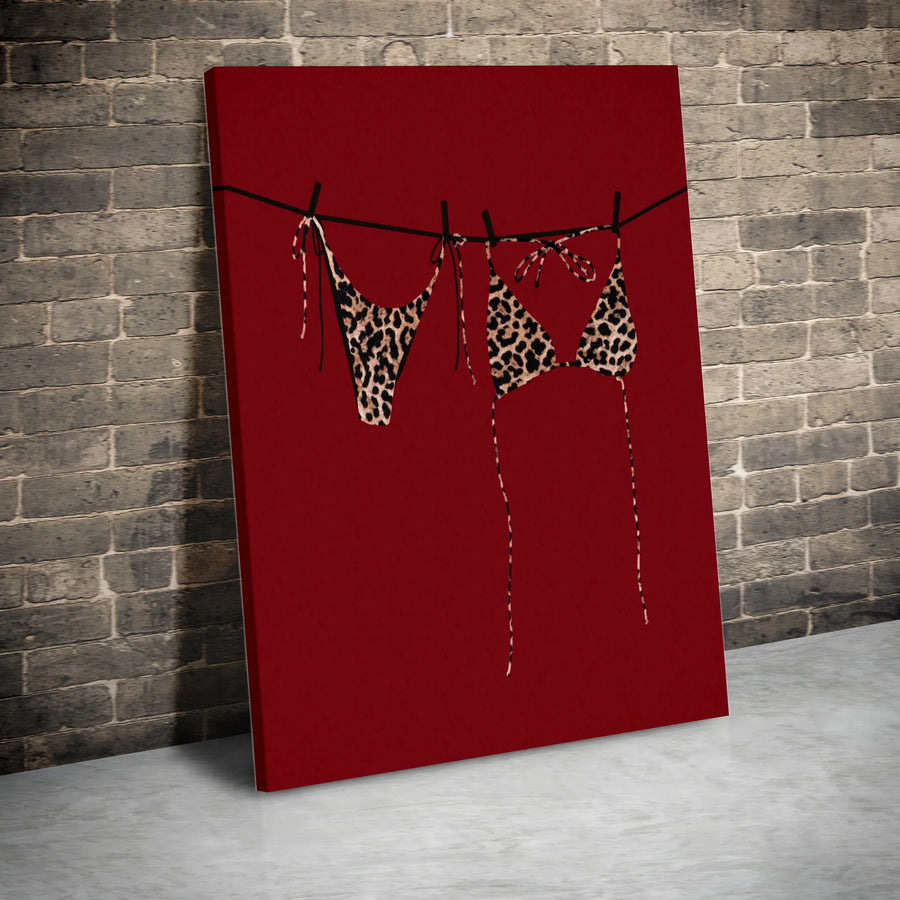 Leopard Print Bikini Vertical Canvas | Minimalist Clothesline Swimsuit Art | Premium 1.25” Thick Gallery Wrap | Cheeky Modern Bathroom Bedroom Decor Gift