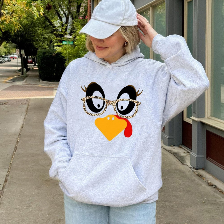 Funny Turkey Hoodie | Leopard Print Glasses Thanksgiving Graphic | Premium Cotton Blend | Unisex Holiday Gift for Women Men