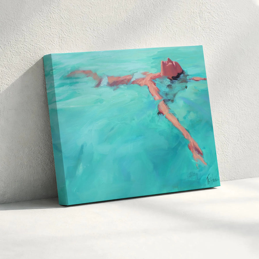 Woman Floating in Water Canvas Print | Impressionist Style Pool Painting | Premium Gallery Wrap Art | Modern Living Room Wall Decor