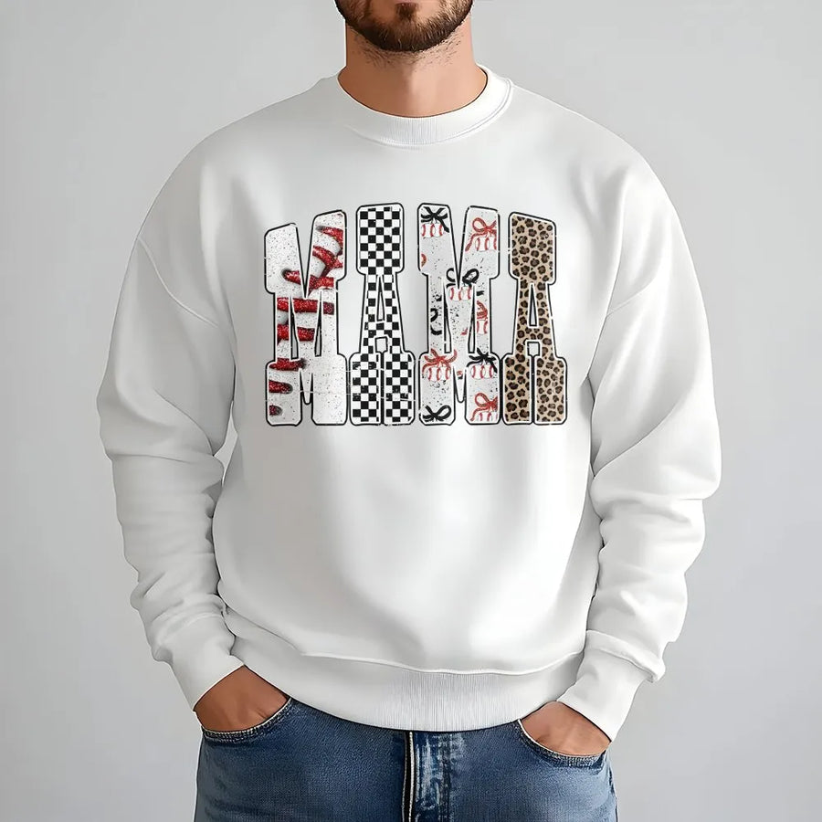 Baseball Mama Sweatshirt | Retro Leopard Checkerboard Bow Design | Premium Cotton Blend | Gift for Sports Mom and Game Day Apparel