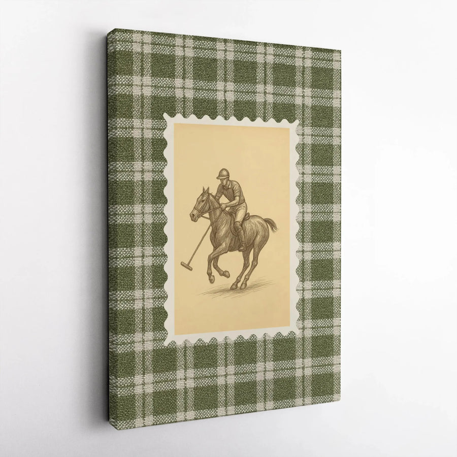 Equestrian Polo Player Canvas Wall Art | Vintage Sketch On Green Plaid | Premium Gallery-Wrapped Print | Classic Sport Gift For Home Decor