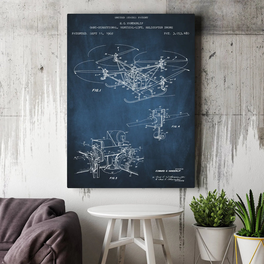 Helicopter Drone Patent Wall Art | 1962 Blueprint Technical Drawing | Premium Gallery Canvas | Aviation Gift for Pilots & Engineering Students