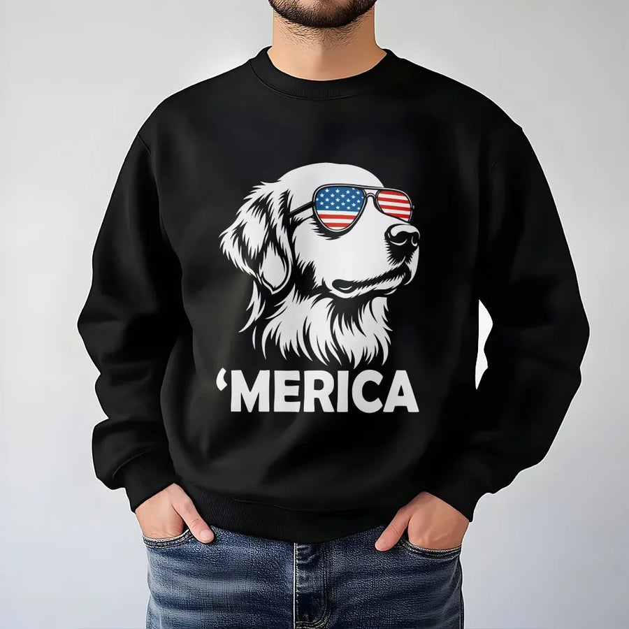 Patriotic Golden Retriever Sweatshirt | Dog with American Flag Sunglasses | Cozy Cotton Blend | Funny 4th of July Gift for Dog Lovers